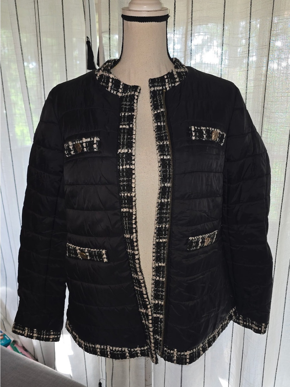 Anne Klein Black Quilted Jacket with Tweed Trim Accents